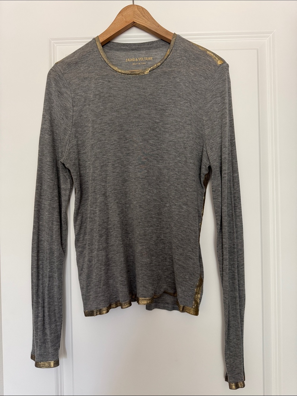 Zadig & Voltaire Gray Long Sleeve Metallic Trim Tee Top Lightweight - Size M